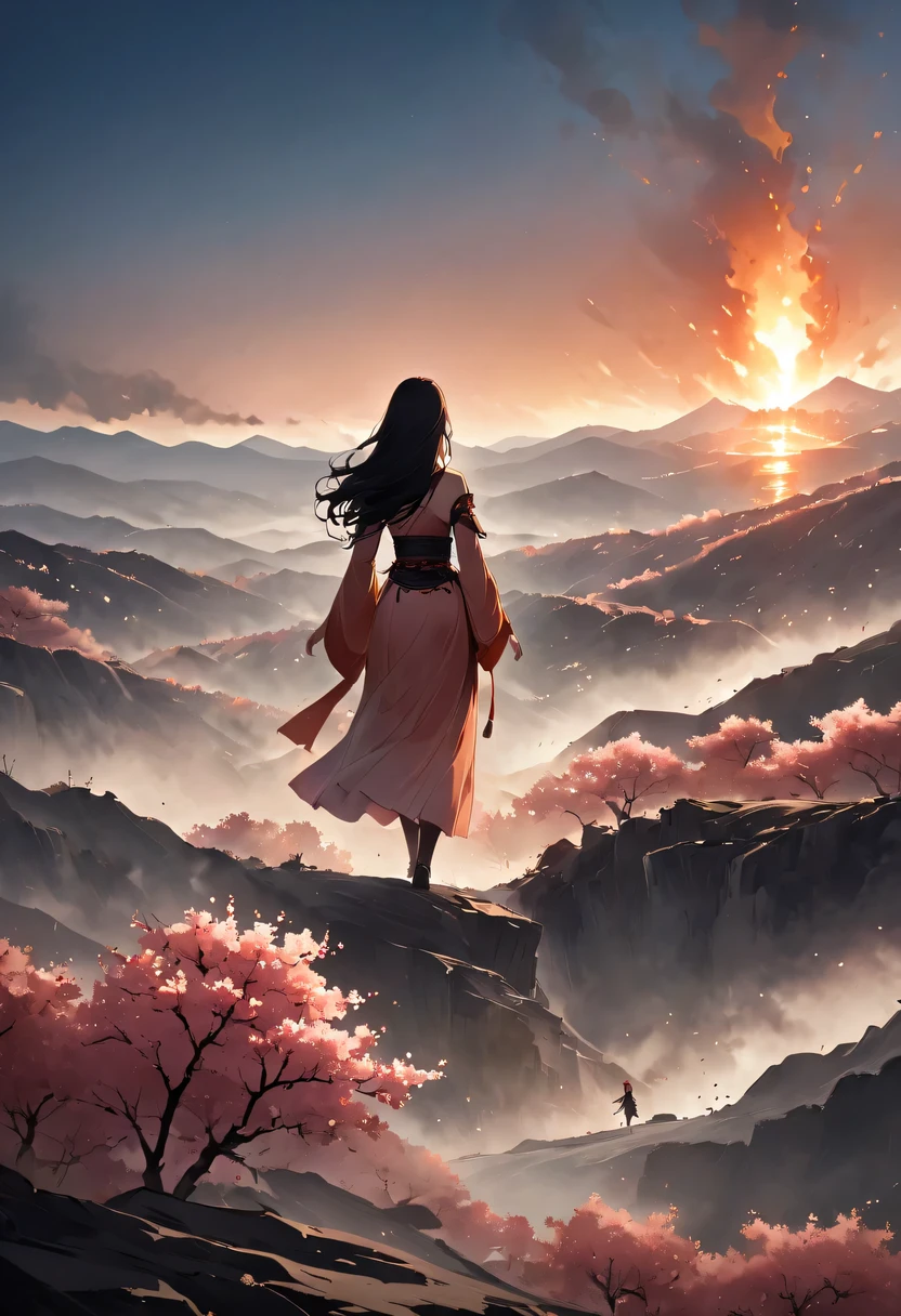 (Ten Miles of Enchanting Peach Blossoms:1.2)，The back of a woman with long hair reaching her waist stands under the peach blossom tree，firm eyes， Heqiang，She looked at the battlefield in the distance, filled with smoke.，China，Ancient，ink，