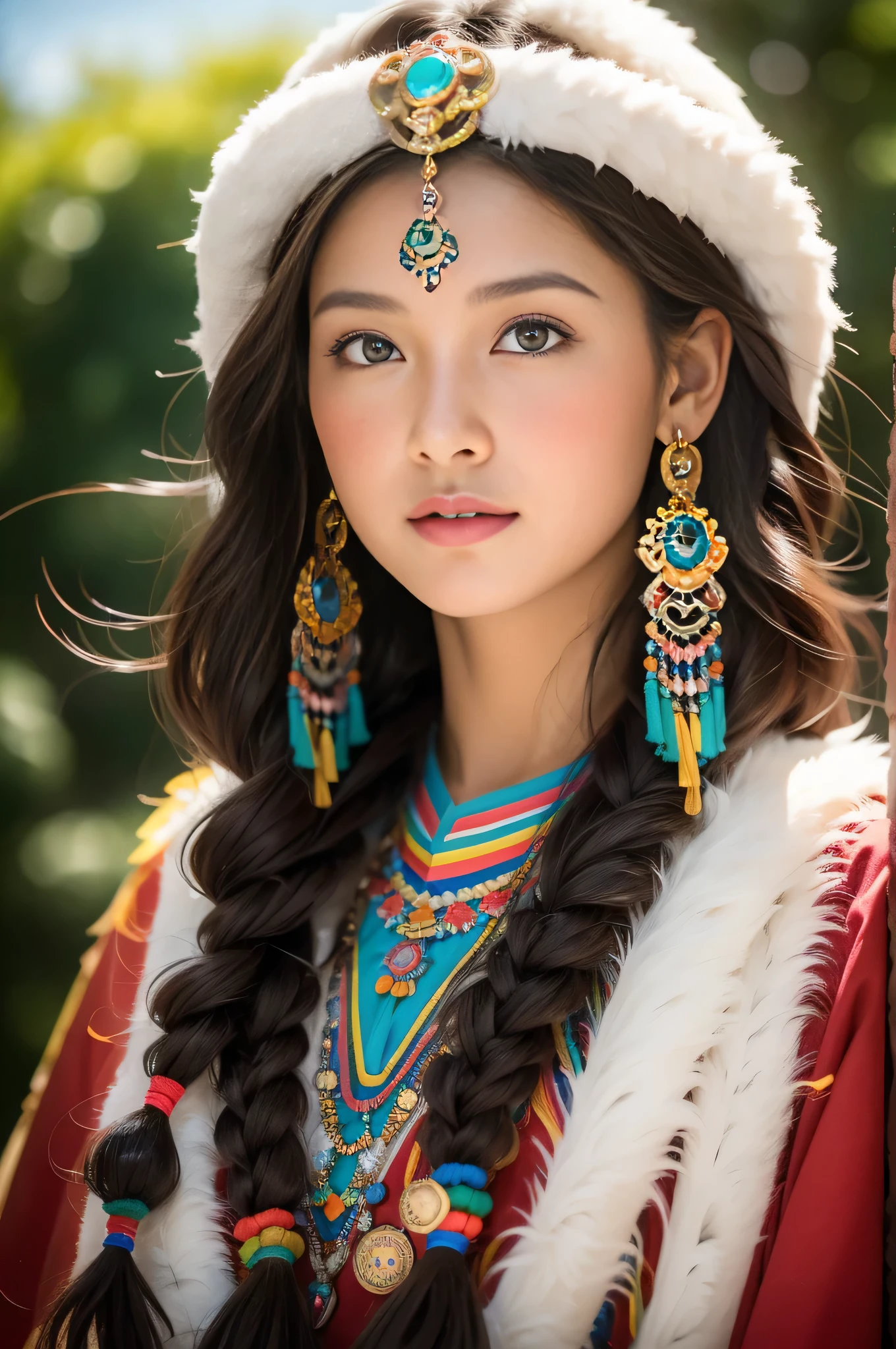 (Лучшее качество,8К,Высокое разрешение,шедевр:1.2),(темно-коричневая кожа, текстурированная кожа, Хайленд покраснел., солнечный ожог, загорелый, веснушка), Beautiful Tibetan girl in Дворец Потала, молитвенный флаг，Дворец Потала, Тибетская культура, Яркие глаза, Тибетские традиционные художественные костюмы, Тибетские халаты, Тибетский головной убор, скрытые драгоценности, бирюзовый, янтарь, Наблюдайте за аудиторией, Ультратонкие детали, передовой. мягкий свет, супер подробный, высокое качество, яркие цвета, боке, отчет о человеческом развитии, Сверхвысокое разрешение, профессиональный стиль фотографии.