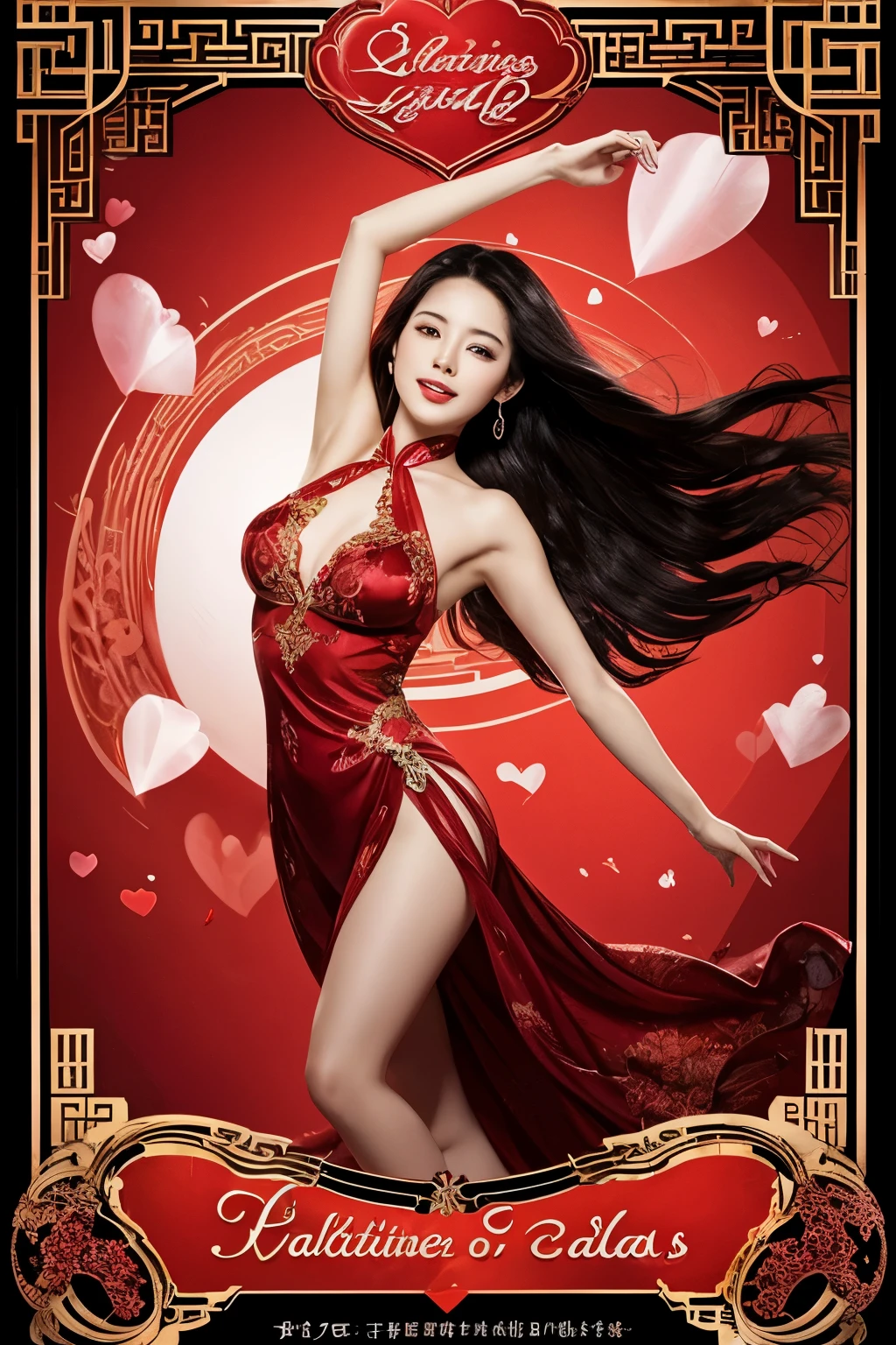 "Digital image that symbolizes the elegance of Valentine&#39;s Day. Send the message &#39;Valentine Day&#39;" Clear, black signature on translucent silk satin, swirling around the wind, bright red Chinese style girl.
