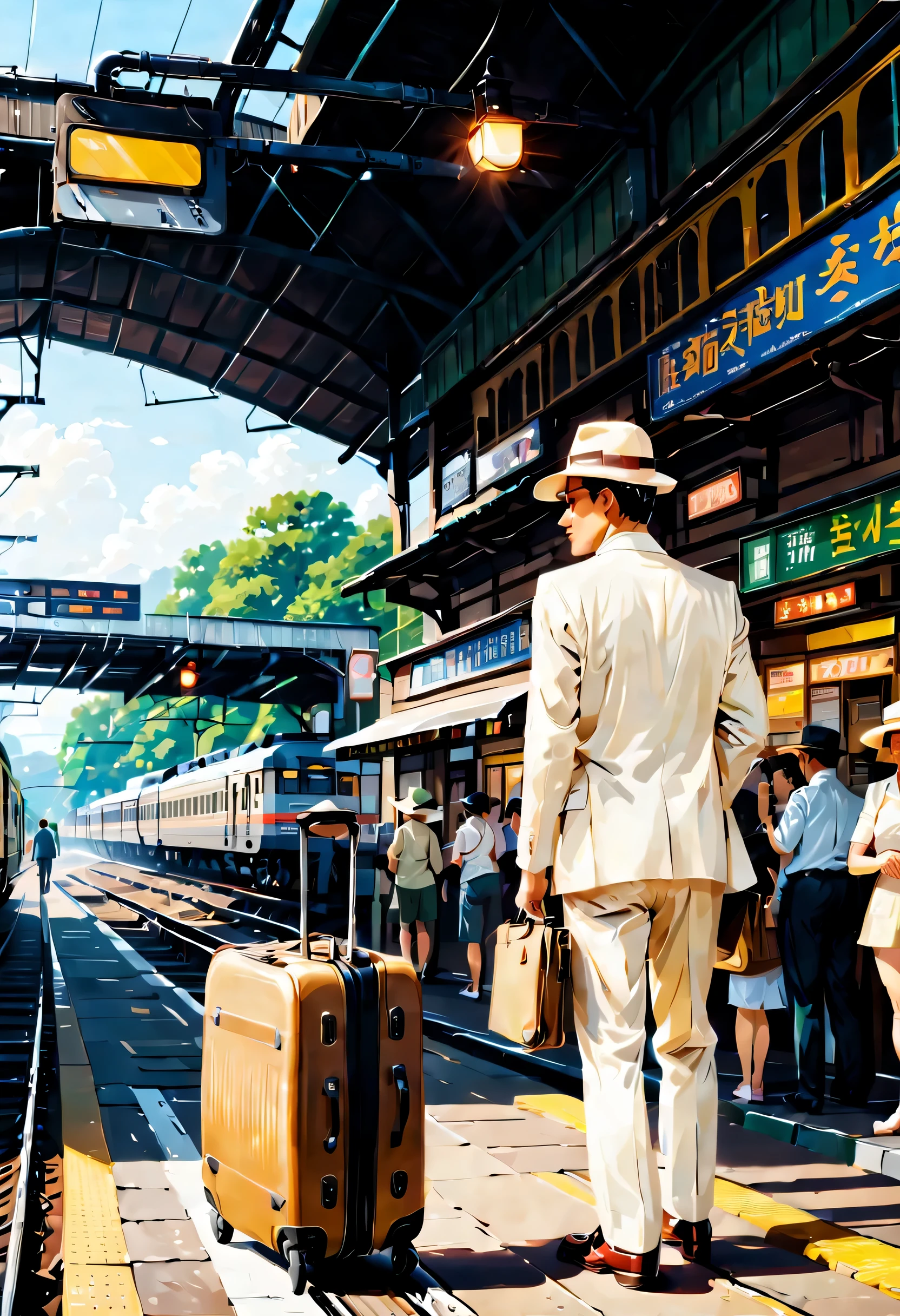 On the go.Waiting for the train to arrive.There is a man wearing a white casual suit, Sun hat and suitcase waiting for train,Railway station scene tourism aesthetics, Color photos, Color film street photography, Hyperrealistic Film Photography, Portra 800 Street Photography,No splashes, dreamlike realism, (best quality,4K,8k,high resolution,masterpiece:1.2),super detailed,(actual,photoactual,photo-actual:1.37),