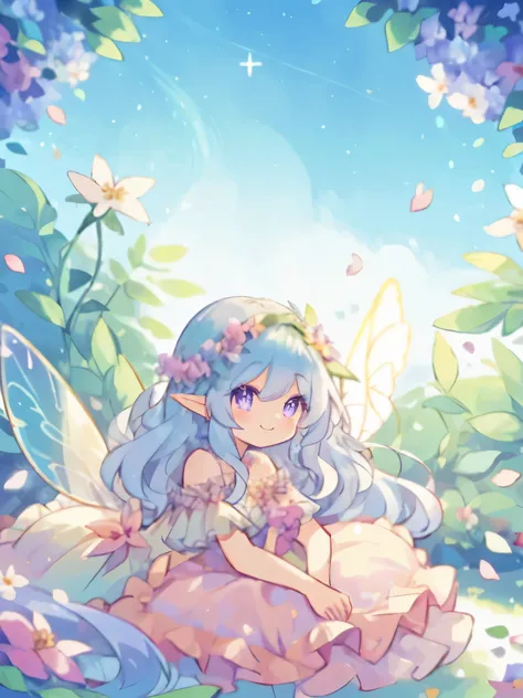beautiful fairy girl in tiered colorful gradient ballgown dress, gradient sparkling Fairy dress, ((Skirt layered with multi-colored petals)), Fairy dress, magical forest、He is lying face down on a flower field facing me.、queen of the fairies, magical fores...
