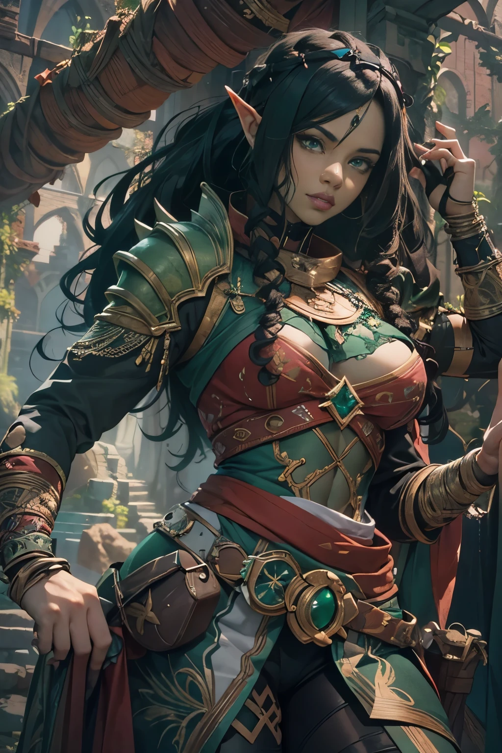 ((Beautiful female orc, green skin, slightly muscular, tall, long black curly hair, emerald green eyes)), armored Bard costume, amazing beautiful athletic toned body, at the overgrown cannabis sativa ruins of a medieval castle, body tattoos, Beautiful D&D Character Portrait, Dark Fantasy, Detailed, Octane Render, Digital Art, Extreme Detail, 4k, Ultra Hd, Polished, Beautiful, Hyperdetailed, Intricate, Anime Character, Detailed, Sharp Focus, Wlop, Character Design, Unreal Engine, 3d Rendered, Volumetric Lighting, Reflections, Glossy, Digital Illustration, Sensual Pose, Suggestive Pose, Full Body Shot, anatomically correct, 💖❤💕💋❣