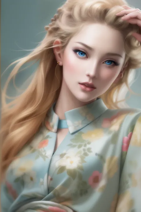 blonde woman with blue eyes and wearing a floral kimono, style types of bacteria, gorgeous digital painting, extremely detailed ...