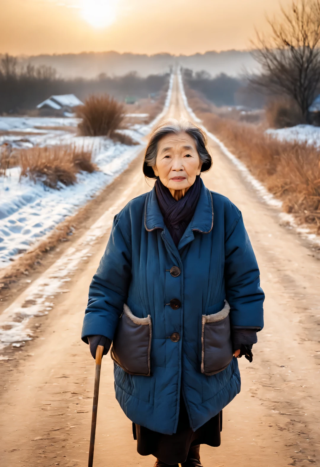 Vintage photography style ，in the sunset，cold winter，An old Chinese mother stands on a snowy dirt road, Anxiously waiting for the children from far away to go home for the New Year.，Her figure looks particularly determined in the afterglow，My old mother is over seventy years old，Her face was engraved with traces of time，Wrinkles may be deep or shallow，Like a land that has experienced wind and rain，Those eyes are a little cloudy，But it still reveals a kind of persistence and expectation for family affection。 （Wearing an old-fashioned dark blue cotton-padded jacket，The cuffs are badly worn，But still clean and tidy），Her hands，Although a little trembling，（But clutching the old crutch tightly：0.65），in this long wait，Grandma’s eyes look into the distance from time to time，This is a deep expectation and waiting。Her heart is filled with thoughts and blessings for her children，The wind is very cold，Grandma always stood there firmly，touch。when night falls，Grandma’s figure gradually becomes blurry