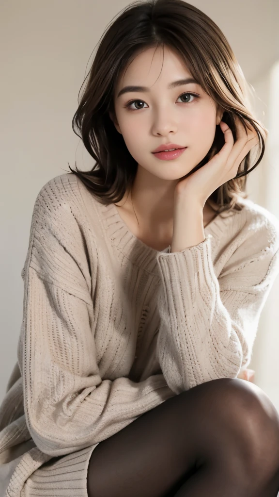 (In 8K、RAW photo、highest quality、realistic、Photoreal, look at the viewer, light shines on your face, gray background), 22-year-old female, Japanese, youthful radiance, almond-shaped eyes, soft brows, light pink lipstick, natural makeup. Casual hairstyle, cozy knit sweater, denim skirt, black tights, ankle boots, minimalist watch.