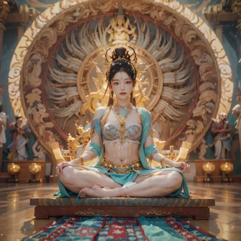 Naked female Avalokitesvara meditates while sitting cross-legged on a huge sacrificial altar，8K，Super beautiful，（Sweat all over ...