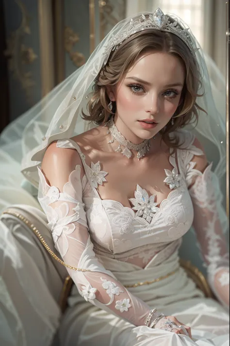 a close up of a woman in a wedding dress sitting on a couch, stunning elegant, beautiful detailed elegant, dressed in white intr...