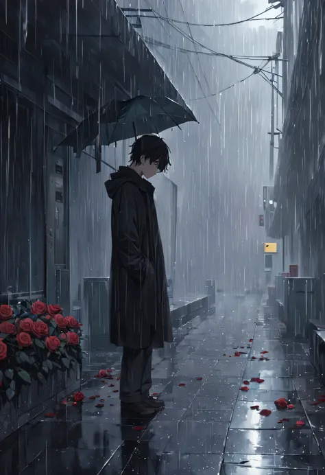 at a busy station，cold rain，standing alone in the rain，the tightly held roses are scattered on the ground。his eyes were a little...