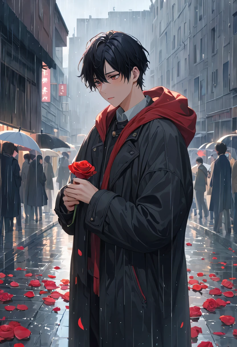 at a busy station，cold rain，Standing alone in the rain，The tightly held roses are scattered on the ground。His eyes were a little confused，The expression is sad，Gloomy eyes， Heqiang，Wilted roses，Wilted flowers，The rain washed his cheeks。He insisted on waiting，Believe that the one you love will come back。