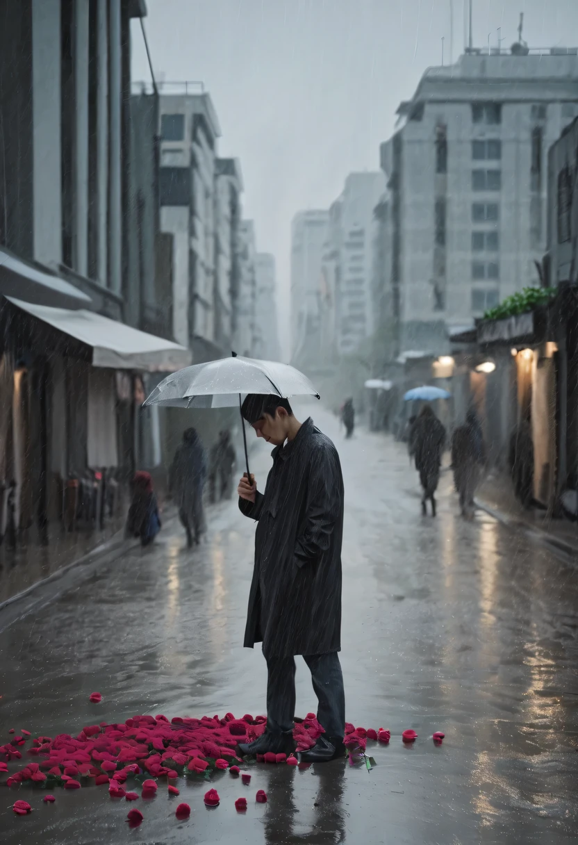 In a bustling city，cold rain，Standing alone in the rain，The tightly held roses are scattered on the ground。His eyes were a little confused，The expression is sad，Gloomy eyes， Heqiang，Wilted roses，Wilted flowers，The rain washed his cheeks。He insisted on waiting，Believe that the one you love will come back。