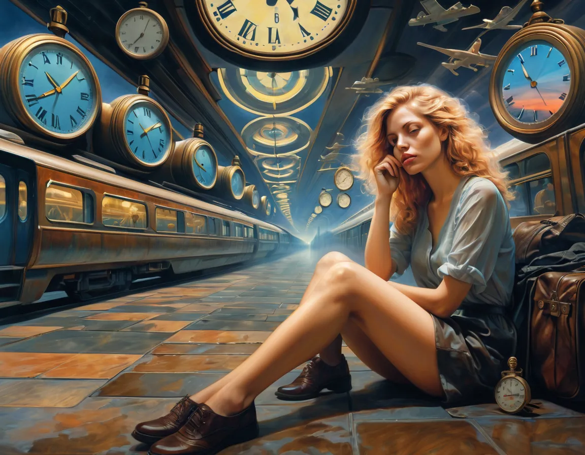 Surrealism and Post-Impressionism pastel drawing of a waiting honey-haired Svetlana Maltseva in multi-exposure, sitting on pocke...
