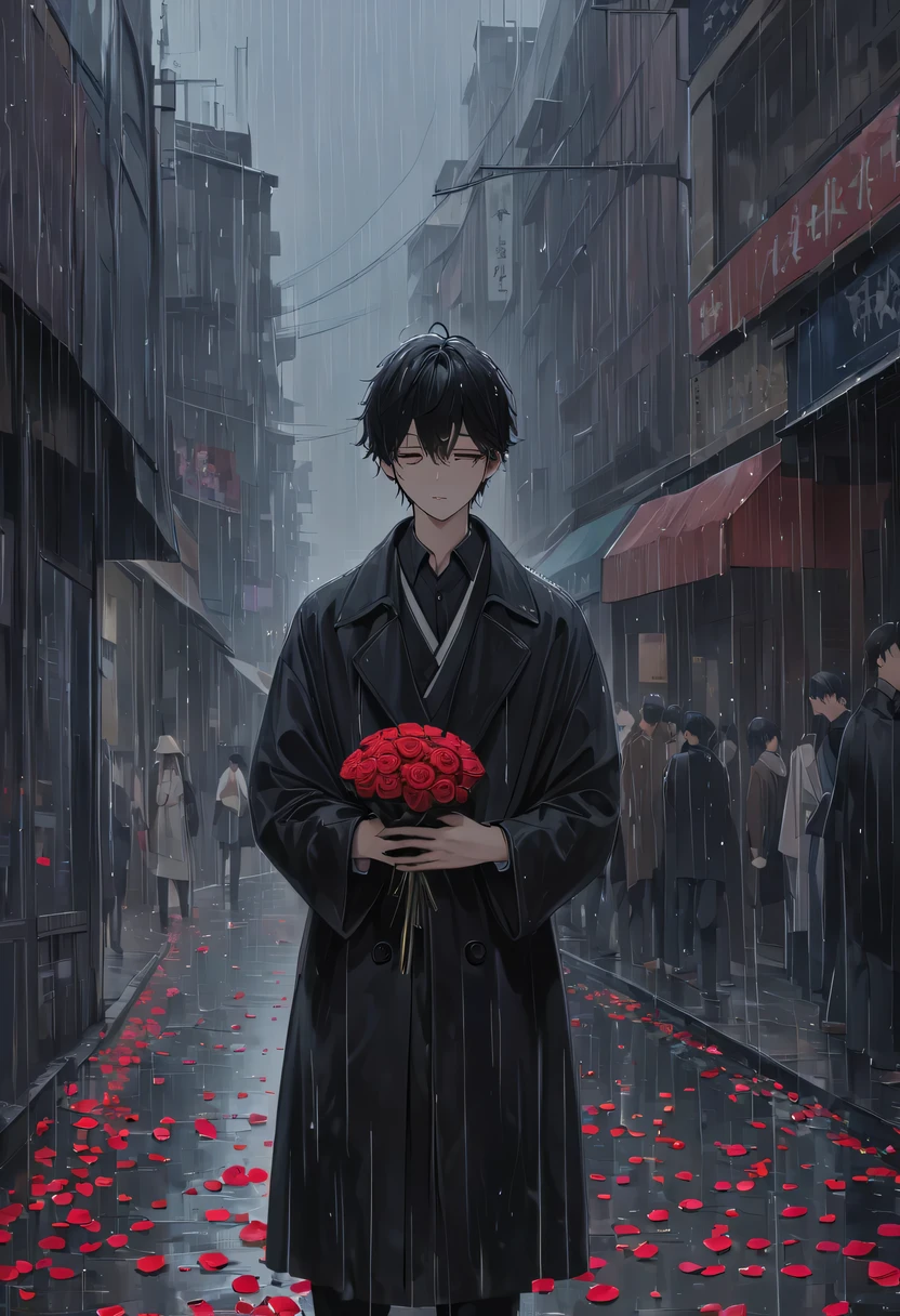 at a busy station，cold rain，Standing alone in the rain，The tightly held roses are scattered on the ground。His eyes were a little confused，The expression is sad，Gloomy eyes， Heqiang，Wilted roses，Wilted flowers，The rain washed his cheeks。He insisted on waiting，Believe that the one you love will come back。