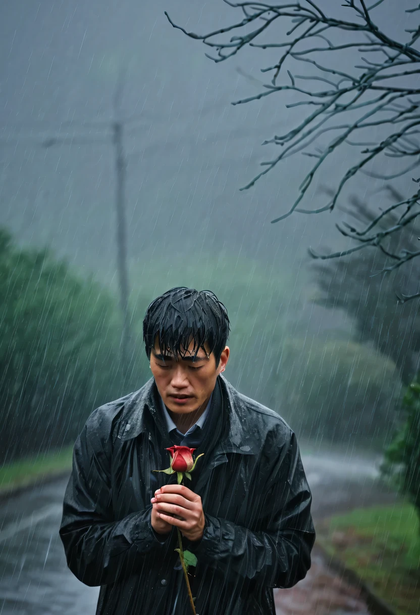 at a busy station，cold rain，Standing alone in the rain，The tightly held roses are scattered on the ground。His eyes were a little confused，The expression is sad，Gloomy eyes， Heqiang，Wilted roses，Wilted flowers，The rain washed his cheeks。He insisted on waiting，Believe that the one you love will come back。