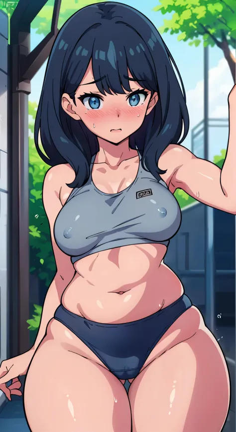(perfect body),highest quality,16k、Masseter muscle part、((NSFW))、(((blush)))、((((embarrassing))))、Are crying、Tree Fe○lumes、parted bangs、(blue eyes),((dark blue hair)),(Sweat)、(big ass)、normal breasts、((thick thighs))、Grey Sports Bra、(Gray sports panties)、(...