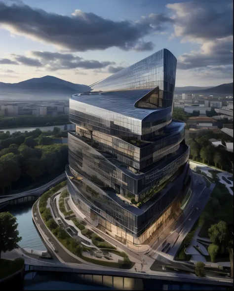 arafed view of a building with a lot of windows and a river, artstation hq”, sharp hq rendering, sharp focus ilustration hq, sharp foccus ilustration hq, in style of zaha hadid architect, tall obsidian architecture, zaha hadid octane highly render, hq rend...