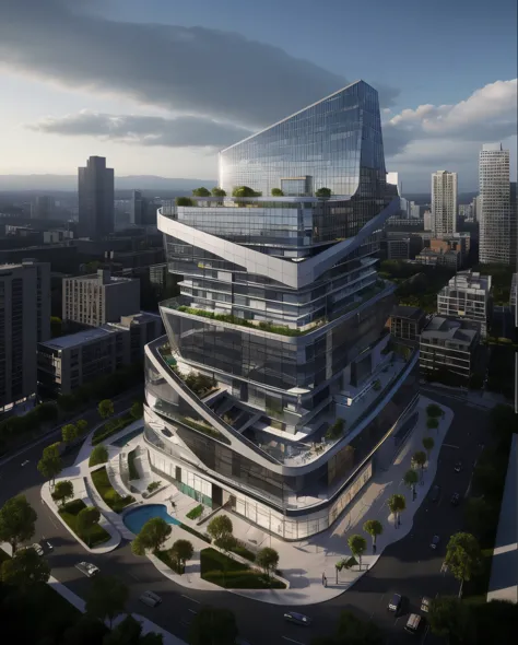 arafed view of a building with a lot of windows and a river, artstation hq”, sharp hq rendering, sharp focus ilustration hq, sharp foccus ilustration hq, in style of zaha hadid architect, tall obsidian architecture, zaha hadid octane highly render, hq rend...