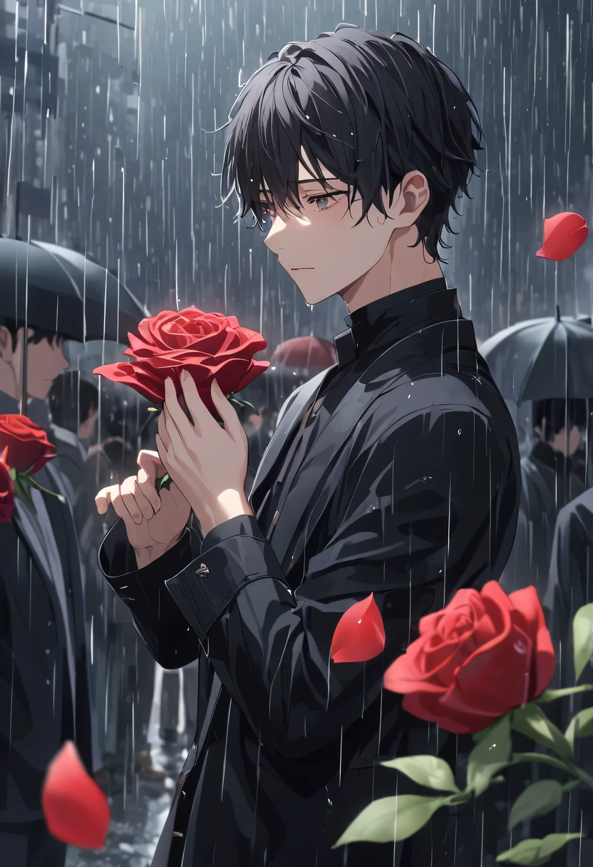 at a busy station，cold rain，Standing alone in the rain，The tightly held roses are scattered on the ground。His eyes were a little confused，The expression is sad，Gloomy eyes， Heqiang，Wilted roses，Wilted flowers，The rain washed his cheeks。He insisted on waiting，Believe that the one you love will come back。