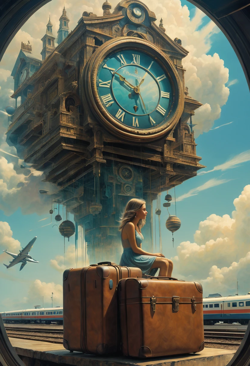超现实主义和后印象派的粉彩画，描绘了双重曝光下的钟摆钟, 分层, 一个美丽的女孩坐在行李箱上 , 机场和火车站公告牌, 火车飞机, 旅客站在云层上等待航班, 和家人, 聚集在宇宙边缘等待, 与高对比度体积阴影交织在一起, 清晰聚焦, 像 Greg Rutkowski 的作品一样极其细致, 哔哔声, 贝克辛斯基和吉格尔, 强调等待时间的分层构图. 