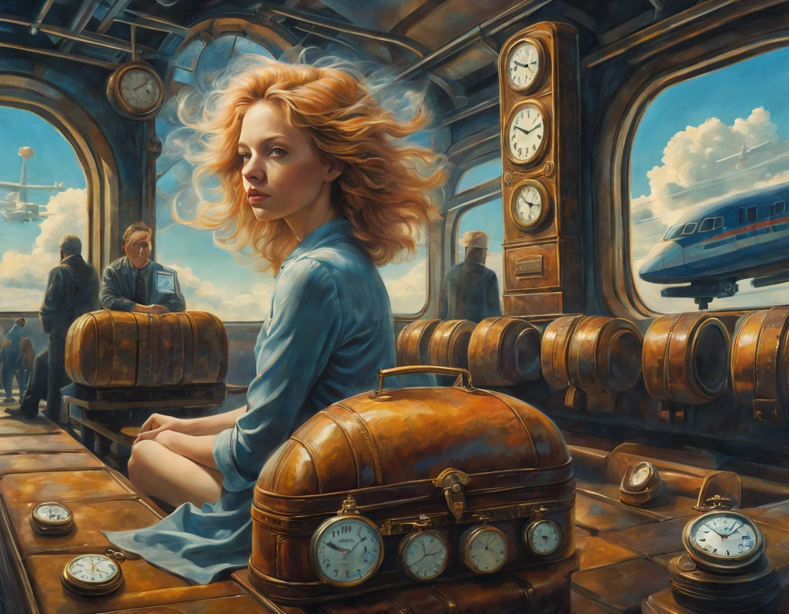 Surrealism and Post-Impressionism pastel drawing of a waiting honey-haired Svetlana Maltseva in multi-exposure, sitting on pocket watches, airport and train station signage, airplane trains, travelers standing on clouds waiting for their flight, and families, gathered waiting at the edge of the universe, intertwined with high-contrast volumetric shadows, sharp focus, hyper-detailed like the works of Greg Rutkowski, Beeple, Beksinski and Giger, a multi-layered composition that emphasizes waiting over time.