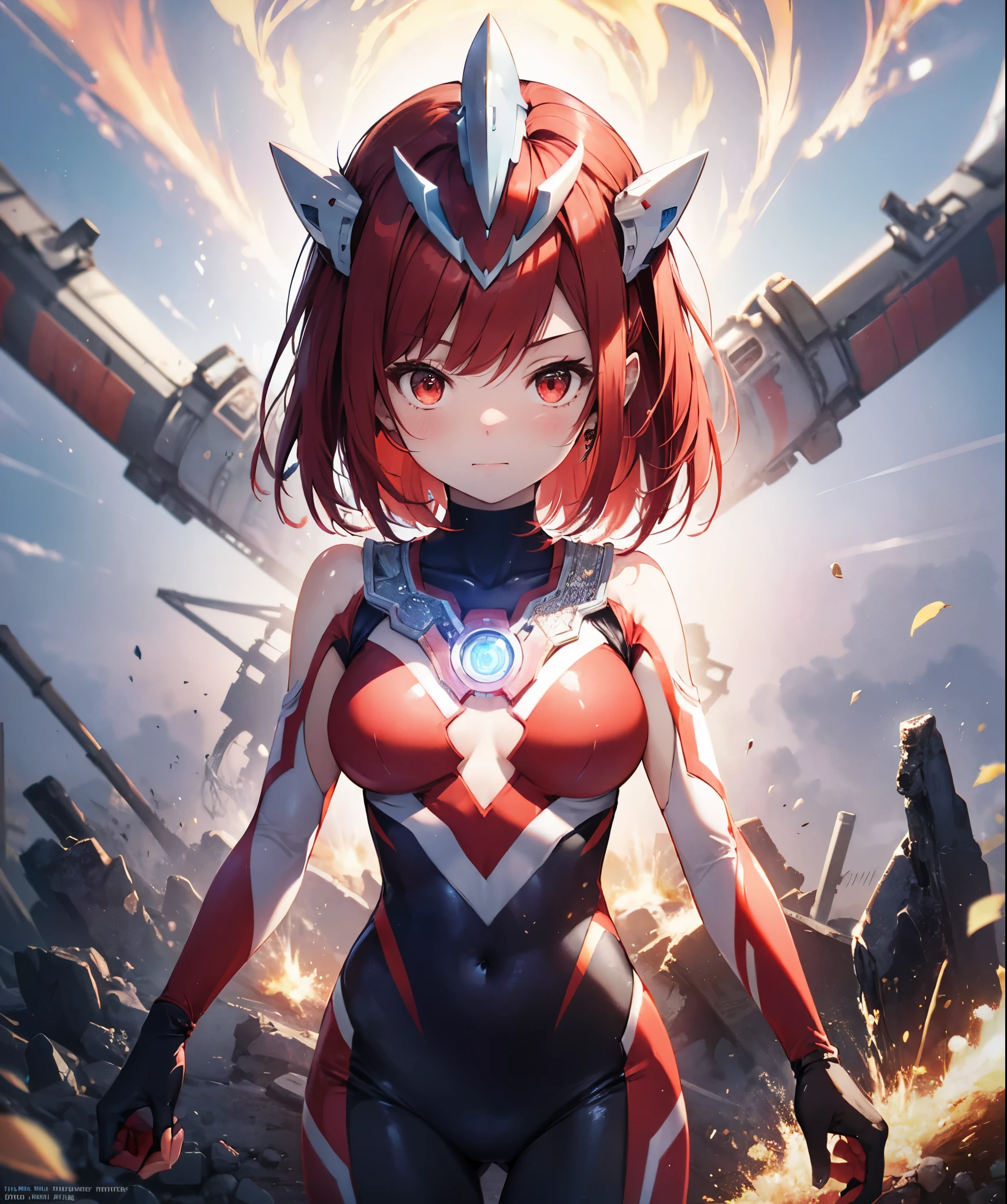 Highest image quality,8K,beautiful detailed 1 young girl,(bright red hair:1.5),short bob,red eyes, (Ultra Girl:1.0), (silver and red ultraman bodysuit:1.0),big breasts,(fold your arms:1.0)