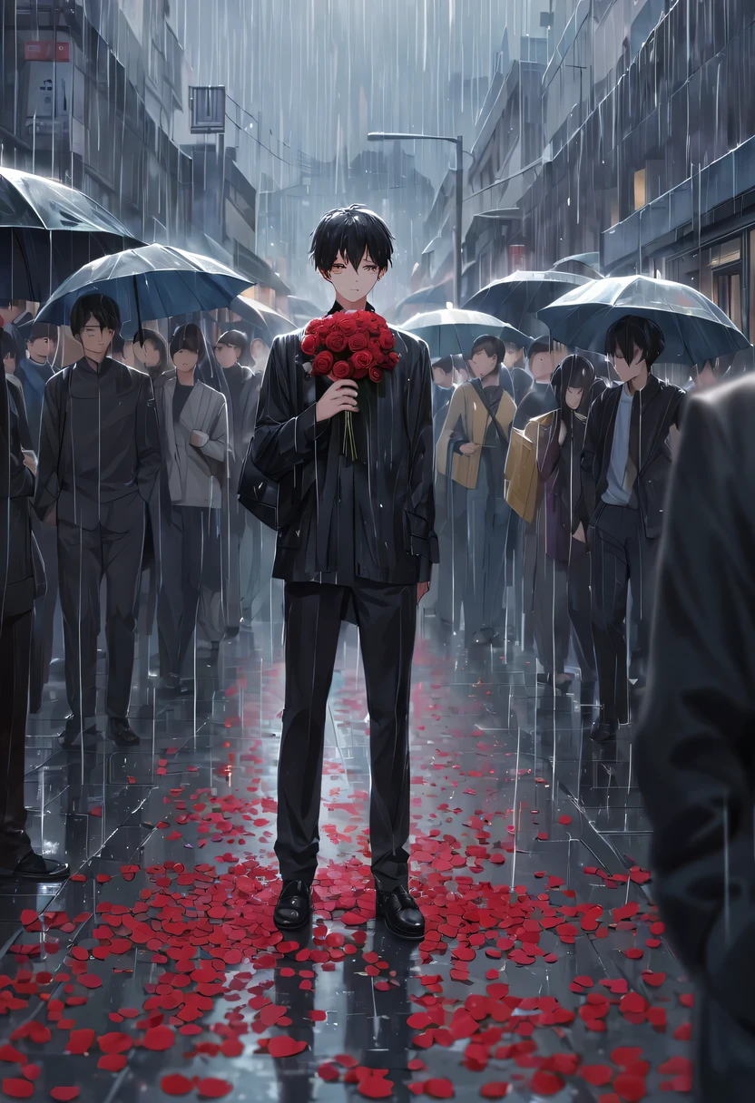 at a busy station，cold rain，Standing alone in the rain，The tightly held roses are scattered on the ground。His eyes were a little confused，The expression is sad，Gloomy eyes， Heqiang，Wilted roses，Wilted flowers，The rain washed his cheeks。He insisted on waiting，Believe that the one you love will come back。