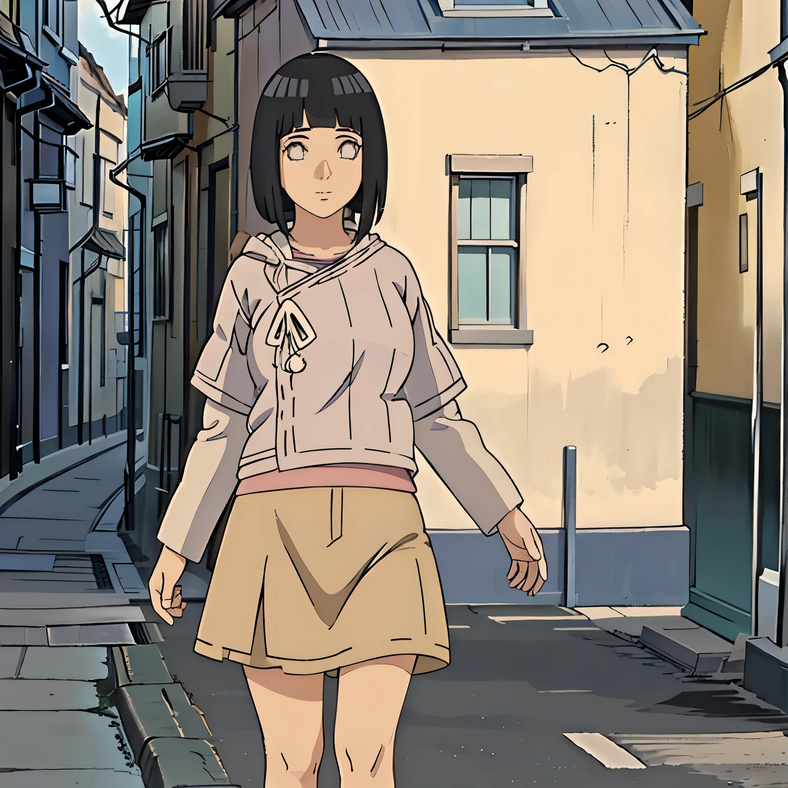 Anime girl walking down a narrow street in a city - SeaArt AI