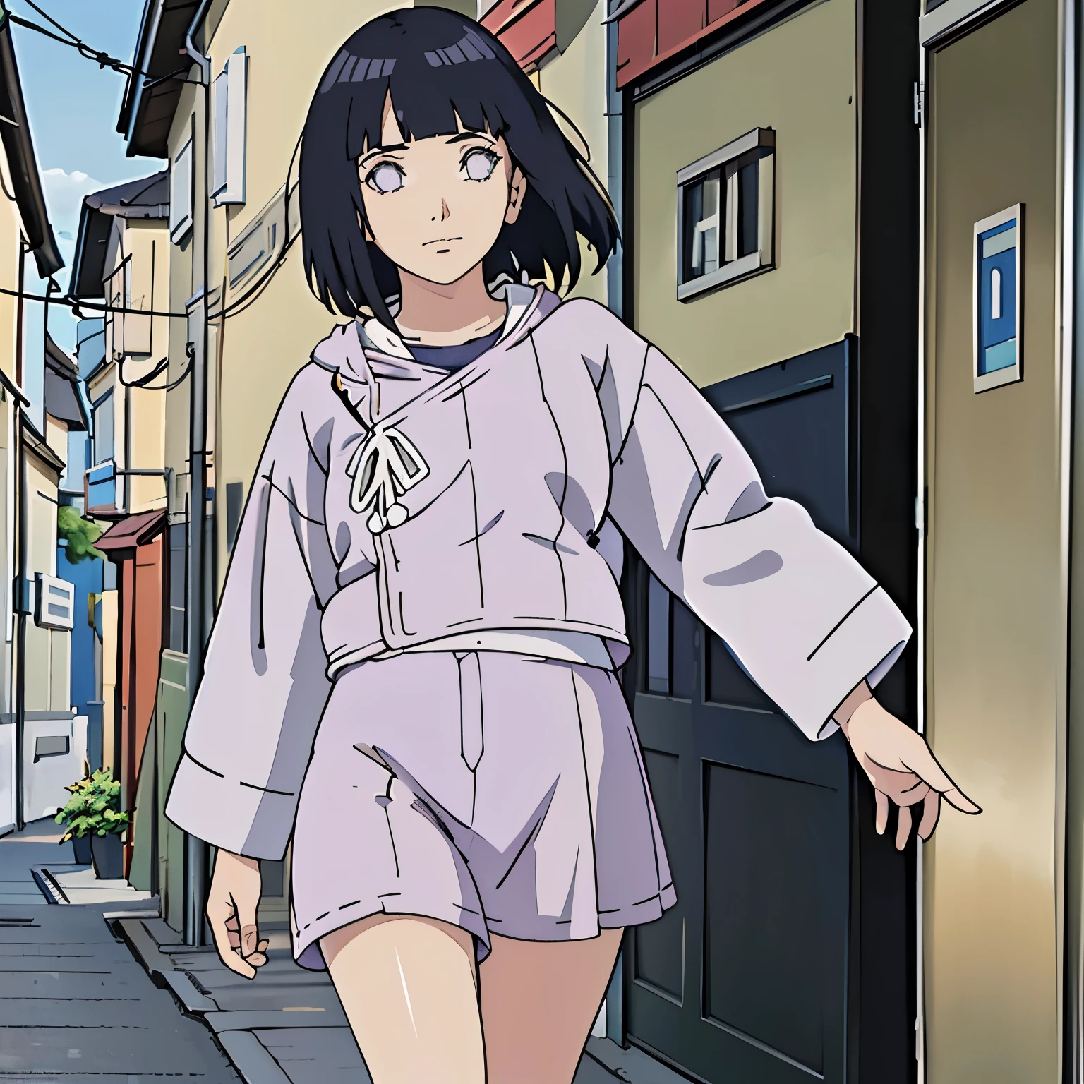 Anime girl in a short skirt walking down a narrow alley - SeaArt AI