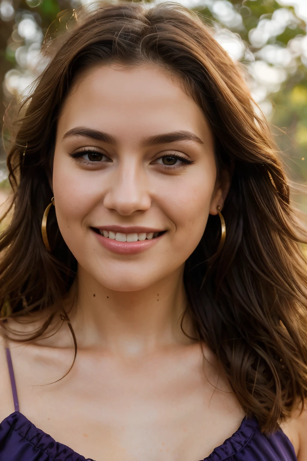 A close up of a woman with a purple dress and gold hoop earrings - SeaArt AI