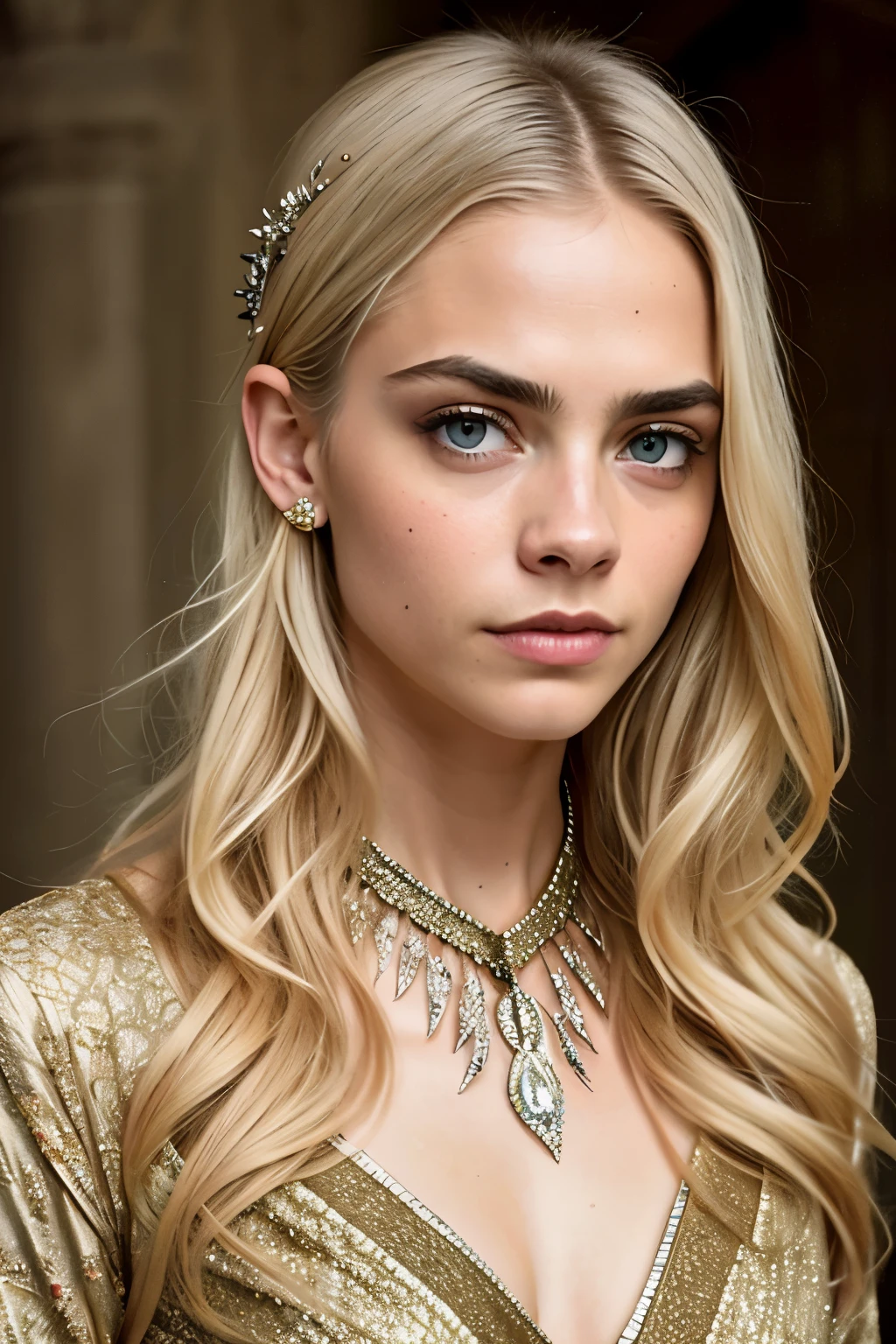 [Cara Delevingne] comme [DAENERYS TARGARYEN] comme une version réelle de (DAENERYS TARGARYEN),cheveux blonds targaryen, avec (robe sexy), (décolleté sexy), Sourire charmant, yeux parfaits, Beauté parfaite, yeux percés, Oeuvre d&#39;art, belle femme, reine, Princesse Pierre de Dragon, meilleure qualité, un petit, beauté charmante, une femme captivante, Apparence attractive, une beauté inégalée, a La guerre du trônes-inspired costume, un gros plan d&#39;une femme du moyen âge, scène "La guerre du trône," Décolleté profond, princesse guerrière, corps sain, Une silhouette attrayante, style de "La guerre du trône," belle femme, belle femme, vêtements médiévaux, femme magnifique, 8k, détails fous, robe composée de vêtements et de bijoux, cheveux parfaits, cheveux peignés, Yeux haute clarté, des mains parfaites, doigts parfaits, yeux parfaits, Ultra réaliste, complexe très détaillé, photographie de style photoréaliste, mise au point nette sur les yeux, Éclairage cinématographique