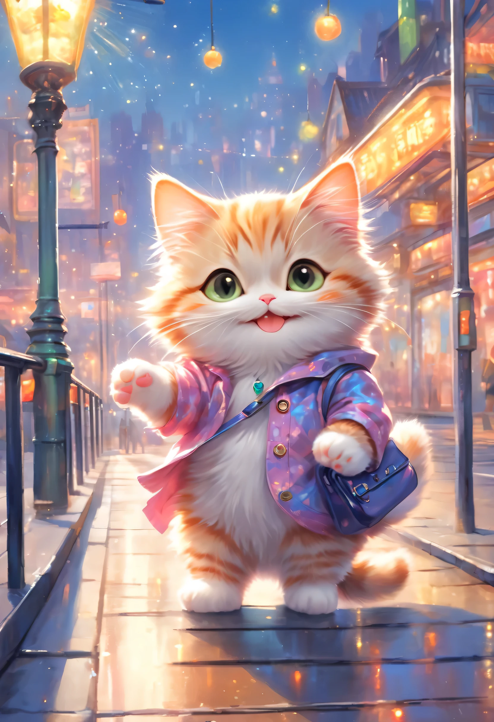 anthropomorphic cat,minuet,bus stop,See timetable,cute,fluffy fur,masterpiece,rich colors,highest quality,official art,fantasy,colorful,Happy,smile,最高にcute猫,fluffy cat,I&#39;m looking forward to,happiness,nice background,stylish cityscape,fun outing,fun waiting time,Sparkling,beautiful light and shadow,