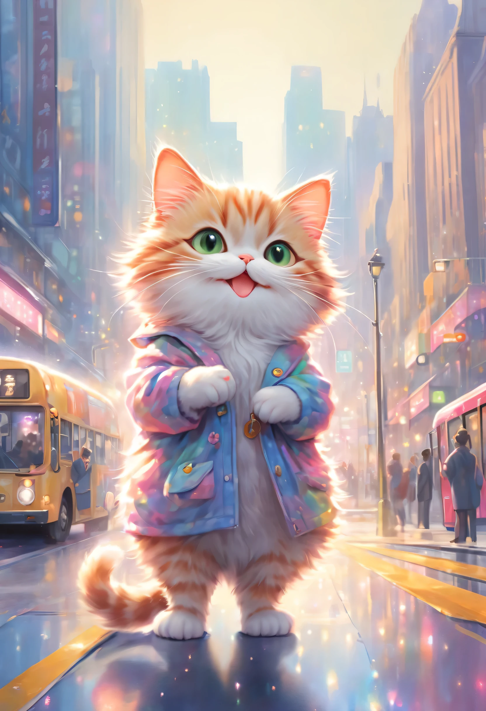 anthropomorphic cat,minuet,bus stop,See timetable,cute,fluffy fur,masterpiece,rich colors,highest quality,official art,fantasy,colorful,Happy,smile,最高にcute猫,fluffy cat,I&#39;m looking forward to,happiness,nice background,stylish cityscape,fun outing,fun waiting time,Sparkling,beautiful light and shadow,