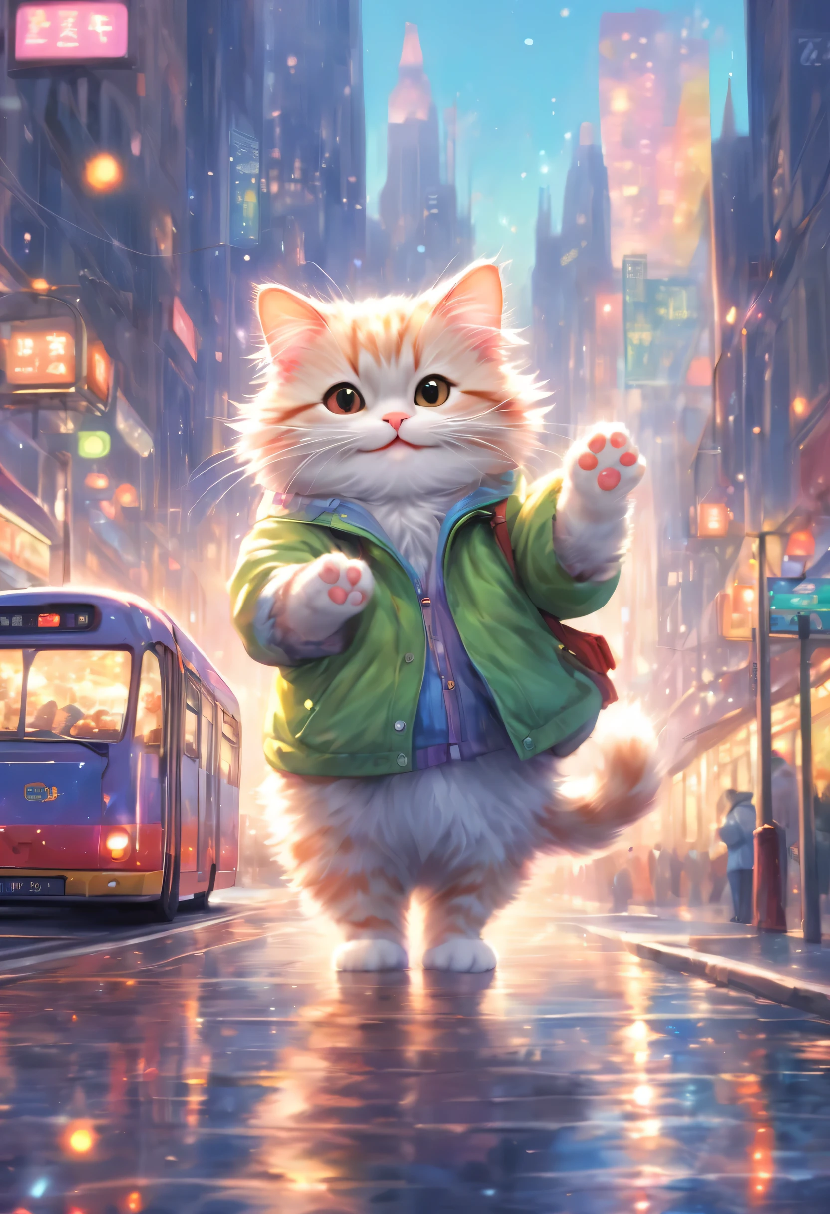 anthropomorphic cat,minuet,bus stop,See timetable,cute,fluffy fur,masterpiece,rich colors,highest quality,official art,fantasy,colorful,Happy,smile,最高にcute猫,fluffy cat,I&#39;m looking forward to,happiness,nice background,stylish cityscape,fun outing,fun waiting time,Sparkling,beautiful light and shadow,