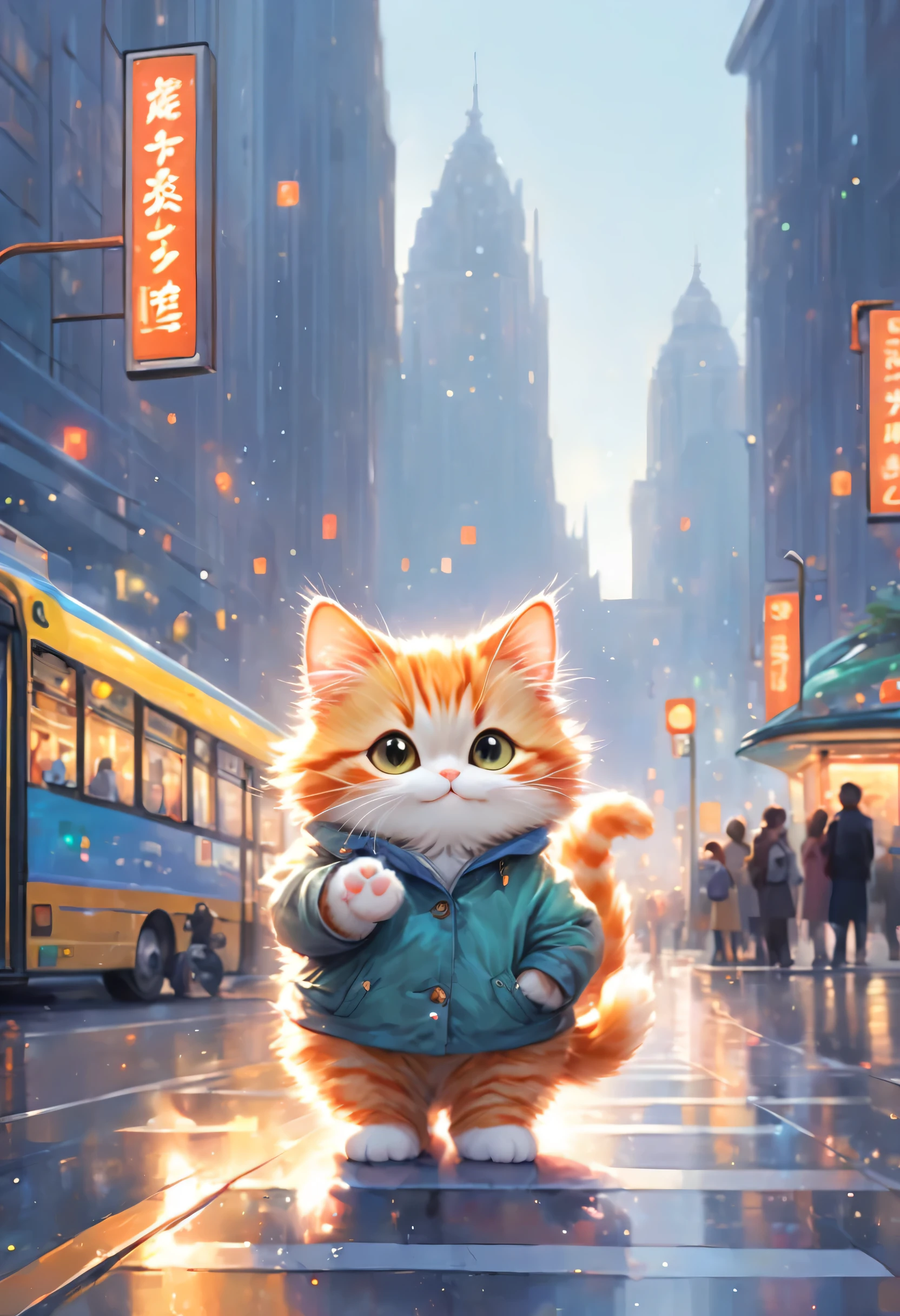 anthropomorphic cat,minuet,bus stop,See timetable,cute,fluffy fur,masterpiece,rich colors,highest quality,official art,fantasy,colorful,Happy,smile,最高にcute猫,fluffy cat,I&#39;m looking forward to,happiness,nice background,stylish cityscape,fun outing,fun waiting time,Sparkling,beautiful light and shadow,