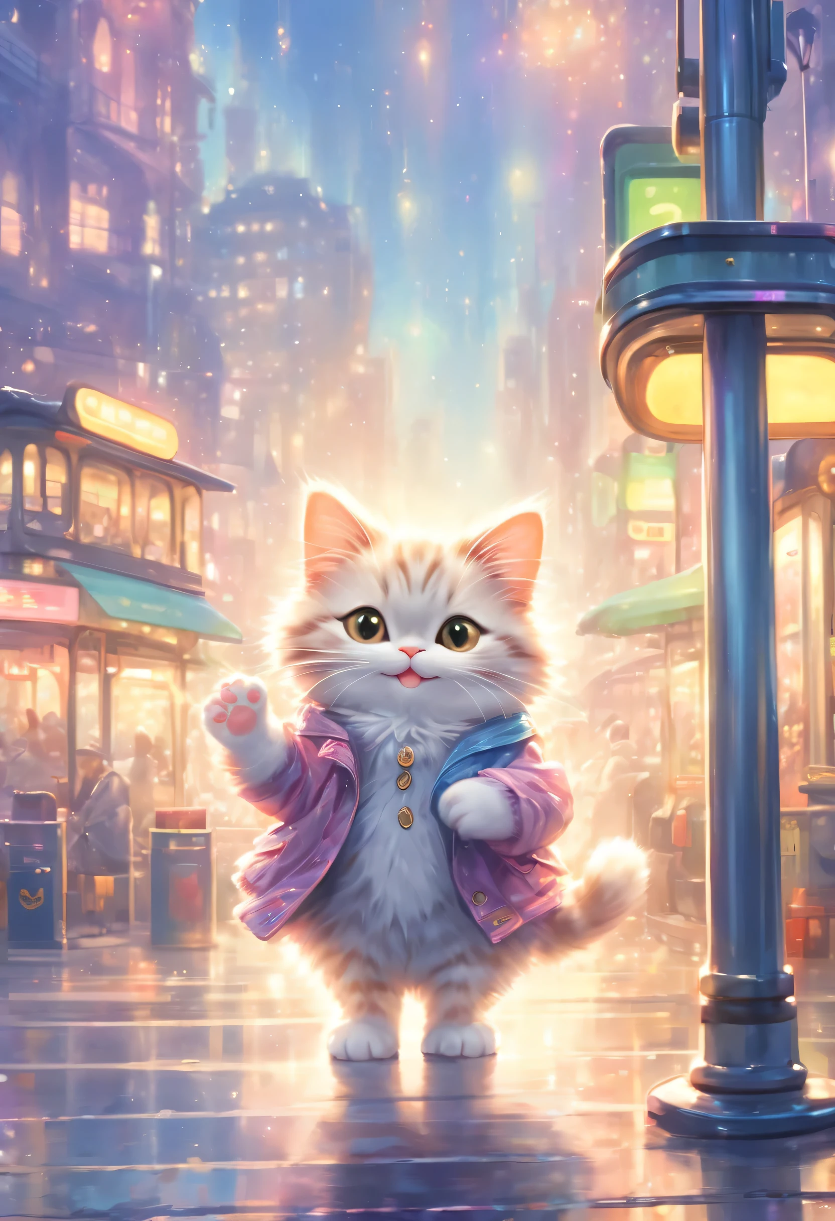 anthropomorphic cat,minuet,bus stop,See timetable,cute,fluffy fur,masterpiece,rich colors,highest quality,official art,fantasy,colorful,Happy,smile,最高にcute猫,fluffy cat,I&#39;m looking forward to,happiness,nice background,stylish cityscape,fun outing,fun waiting time,Sparkling,beautiful light and shadow,