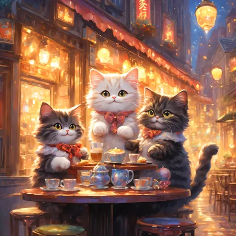 anthropomorphic cat,minuet,Cafe,warm interior,cute,fluffy fur,masterpiece,rich colors,highest quality,official art,fantasy,color...