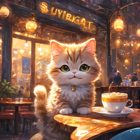 anthropomorphic cat,minuet,Cafe,warm interior,cute,fluffy fur,masterpiece,rich colors,highest quality,official art,fantasy,color...