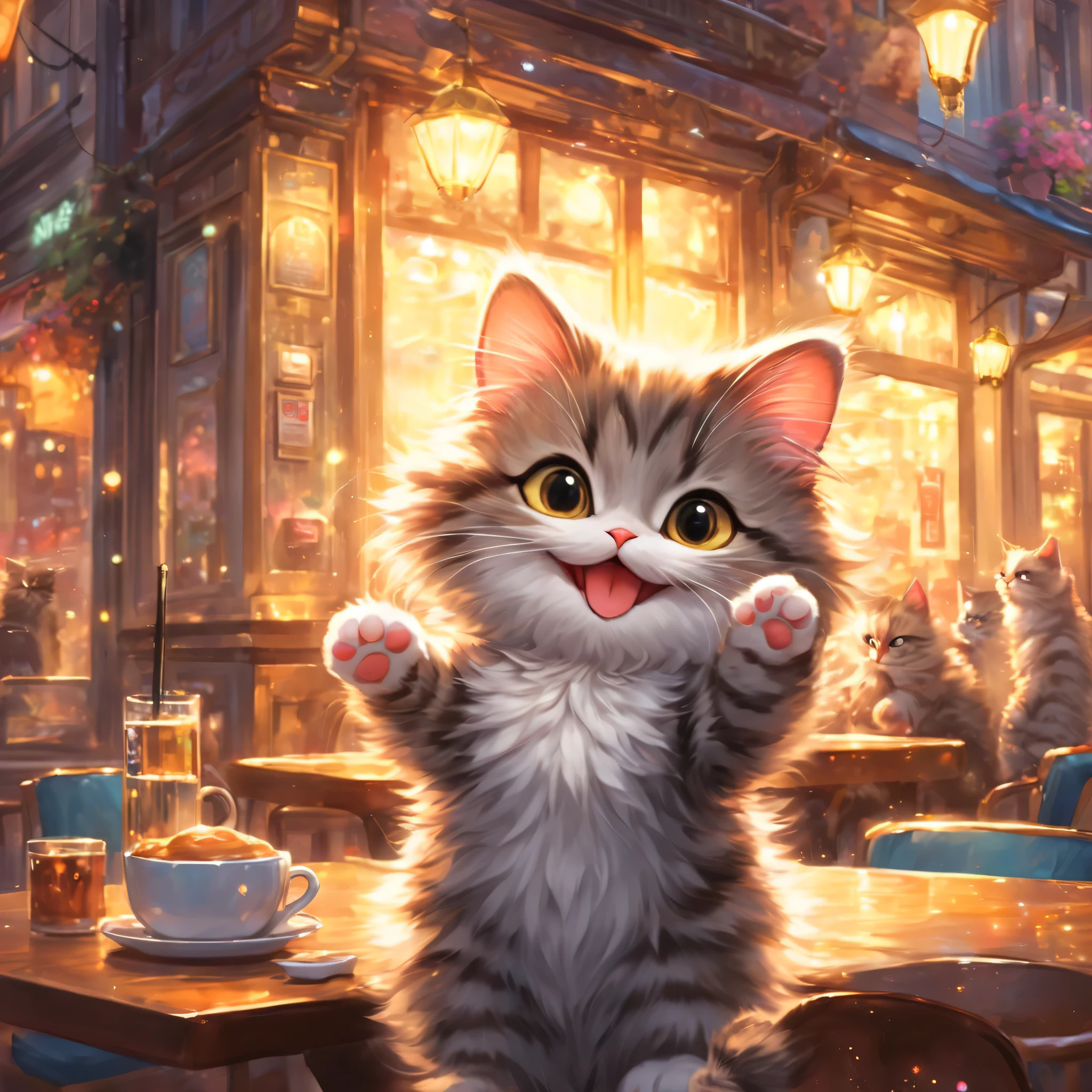 Gato antropomórfico,minué,cafetería,interior cálido,lindo,pelaje esponjoso,obra maestra,Colores ricos,de la máxima calidad,arte oficial,fantasía,Vistoso,Feliz,sonrisa,最高にlindo猫,gato mullido,I&#39;Tengo muchas ganas de,Felicidad,fondo agradable,Paisaje urbano con estilo,salida divertida,tiempo de espera divertido,Espumoso,Hermosa luz y sombra,