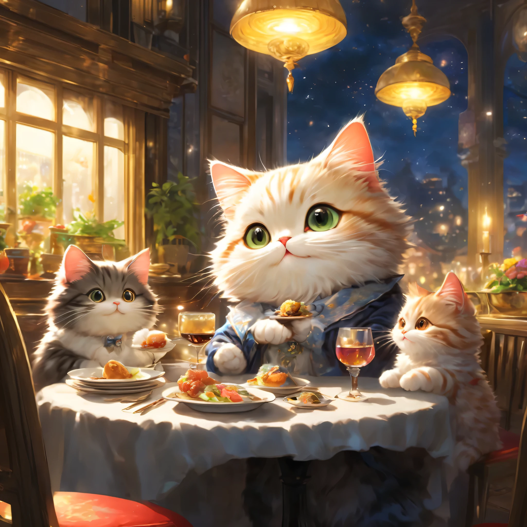 anthropomorphic cat,minuet,ダイニングtable,tableの前で待っています,cute,fluffy fur,masterpiece,rich colors,highest quality,official art,fantasy,colorful,((nothing is placed))table,restaurant,Happy,smile,最高にcute猫,fluffy cat,I&#39;m looking forward to,happiness,nice background,お洒落なrestaurant,Is there still food??,fun waiting time,Sparkling,beautiful light and shadow,