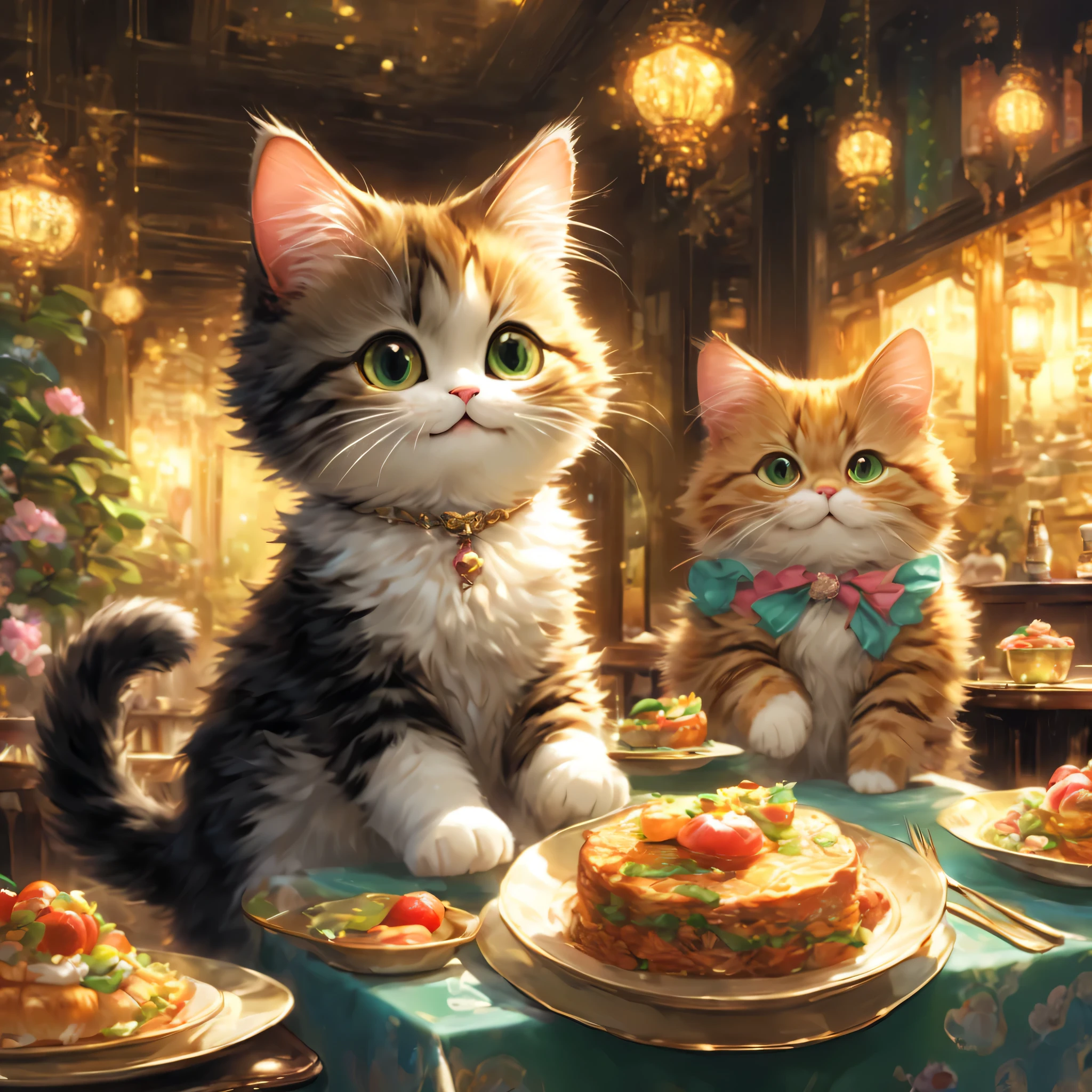 anthropomorphic cat,minuet,ダイニングtable,tableの前で待っています,cute,fluffy fur,masterpiece,rich colors,highest quality,official art,fantasy,colorful,((nothing is placed))table,restaurant,Happy,smile,最高にcute猫,fluffy cat,I&#39;m looking forward to,happiness,nice background,お洒落なrestaurant,Is there still food??,fun waiting time,Sparkling,beautiful light and shadow,