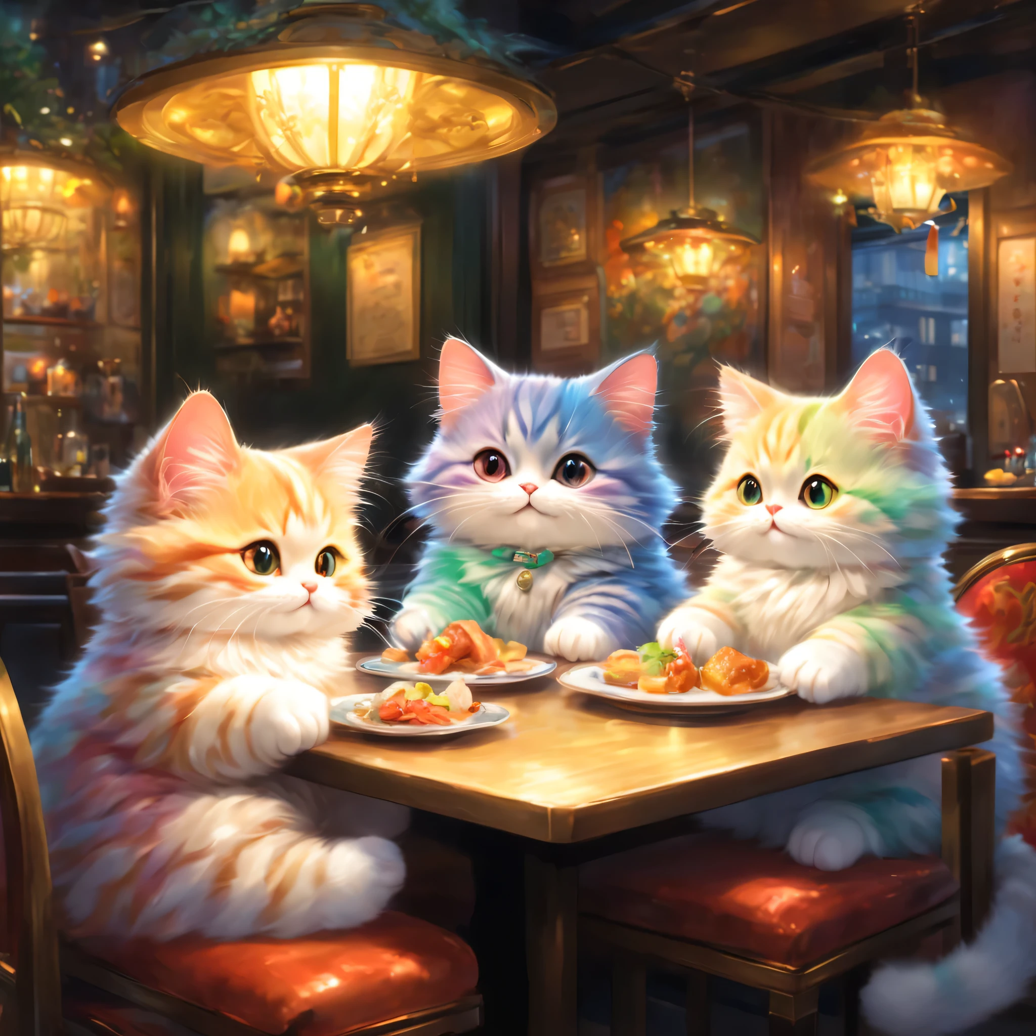 anthropomorphic cat,minuet,ダイニングtable,tableの前で待っています,cute,fluffy fur,masterpiece,rich colors,highest quality,official art,fantasy,colorful,((nothing is placed))table,restaurant,Happy,smile,最高にcute猫,fluffy cat,I&#39;m looking forward to,happiness,nice background,お洒落なrestaurant,Is there still food??,fun waiting time,Sparkling,beautiful light and shadow,