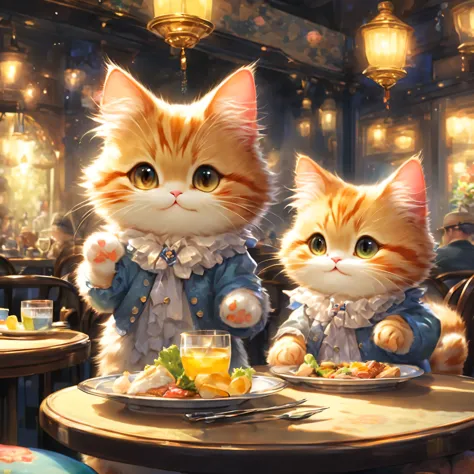 anthropomorphic cat,minuet,ダイニングtable,tableの前で待っています,cute,fluffy fur,masterpiece,rich colors,highest quality,official art,fantas...