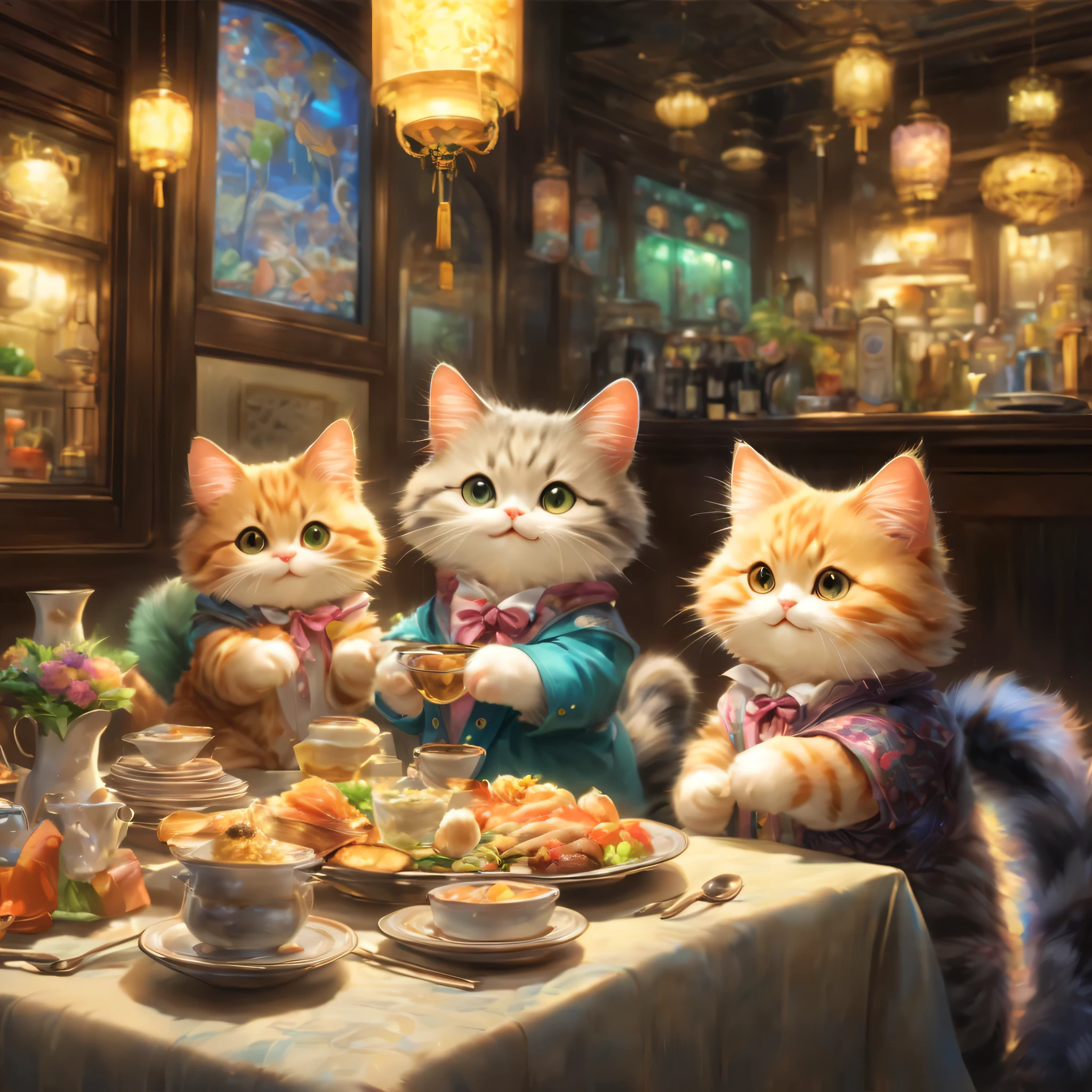 chat anthropomorphe,Menuet,table à mangerau,tableauの前で待っています,Mignon,fourrure soyeuse,chef-d&#39;œuvre,couleurs riches,la plus haute qualité,[Art officiel,fantaisie,Coloré,((rien n&#39;est placé))tableau,restaurant,heureux,sourire,最高にMignon猫,chat moelleux,je&#39;j&#39;attends avec impatience,bonheur,joli fond,restaurant élégant,jes there still food??,temps d&#39;attente amusant,Pétillant,Belles lumière et ombre,