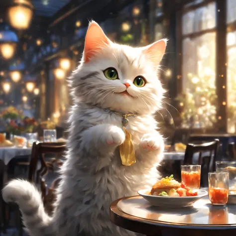 anthropomorphic cat,minuet,ダイニングtable,white napkin for meals,I&#39;m waiting in front of the table,cute,fluffy fur,masterpiece,r...