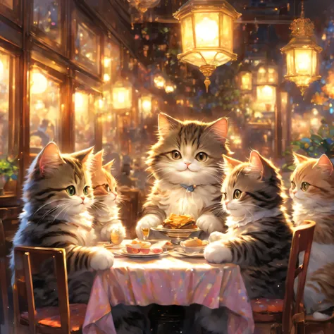 anthropomorphic cat,minuet,ダイニングtable,White napkins,tableの前で待っています,cute,fluffy fur,masterpiece,rich colors,highest quality,offic...