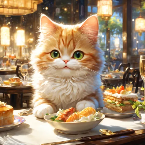 anthropomorphic cat,minuet,ダイニングtable,White napkins,tableの前で待っています,cute,fluffy fur,masterpiece,rich colors,highest quality,offic...