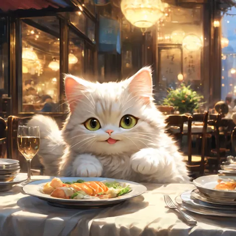 anthropomorphic cat,minuet,ダイニングtable,white napkin for meals,I&#39;m waiting in front of the table,cute,fluffy fur,masterpiece,r...