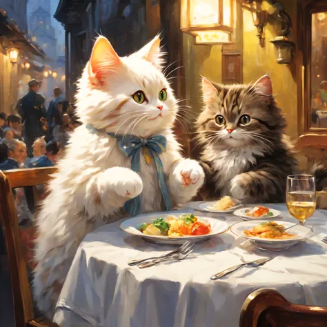 anthropomorphic cat,minuet,ダイニングtable,Holding a fork and knife in each hand,white napkin for meals,I&#39;m waiting in front of t...