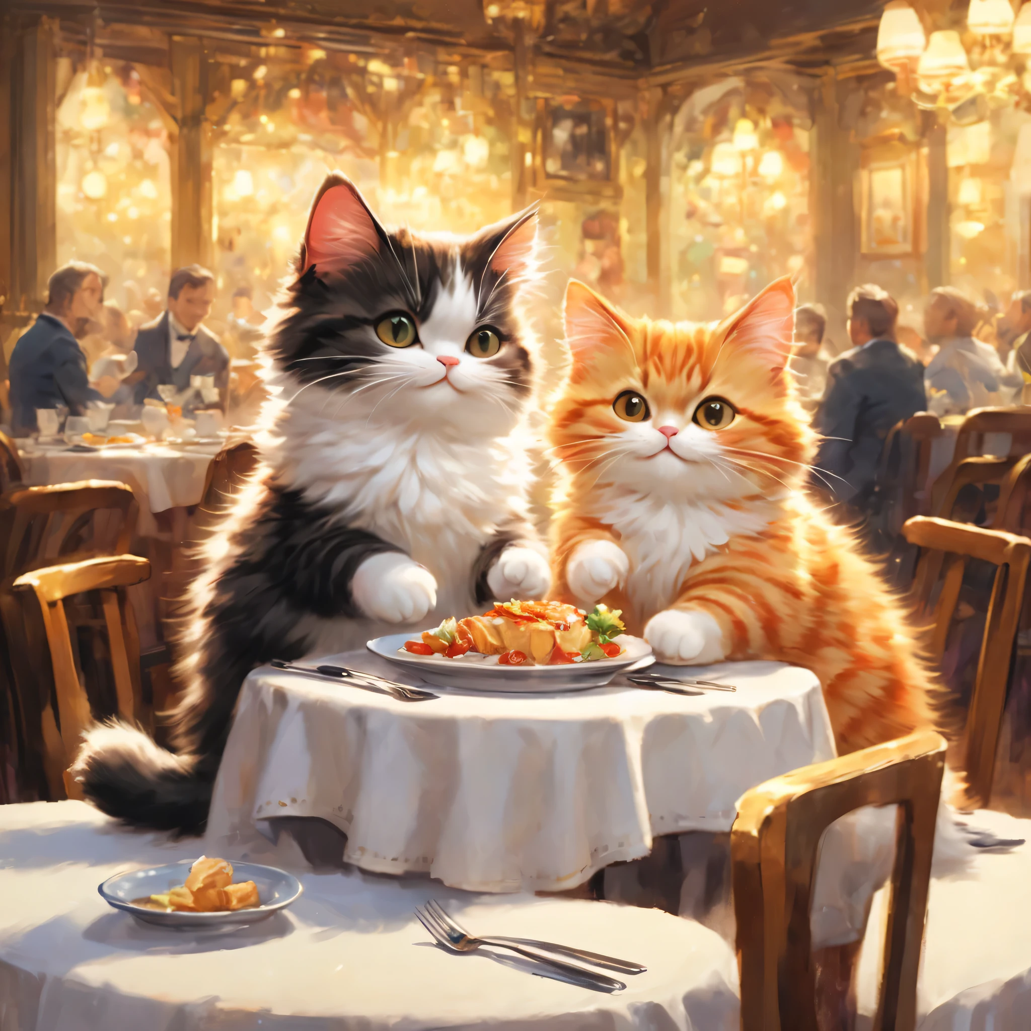 chat anthropomorphe,Menuet,table à mangerau,Tenir une fourchette et un couteau dans chaque main,serviette blanche pour les repas,je&#39;j&#39;attends devant la tableau,Mignon,fourrure soyeuse,chef-d&#39;œuvre,couleurs riches,la plus haute qualité,[Art officiel,fantaisie,Coloré,((rien n&#39;est placé))tableau,restaurant,heureux,sourire,最高にMignon猫,chat moelleux,je&#39;j&#39;attends avec impatience,bonheur,joli fond,restaurant élégant,je wonder if we have food yet?,temps d&#39;attente amusant,Pétillant,Belles lumière et ombre,