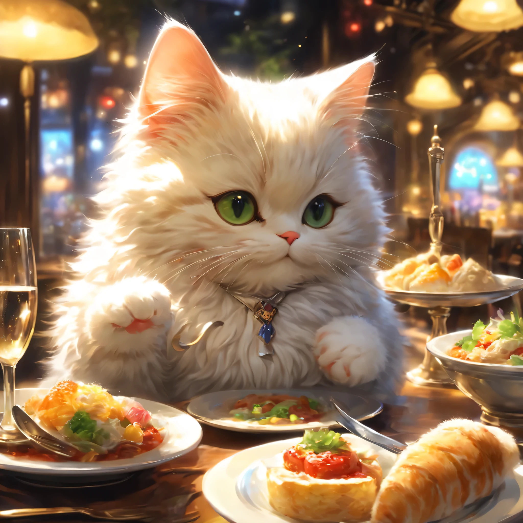 Chat anthropomorphe,Menuet,table à mangerau,Tenir une fourchette et un couteau dans chaque main,serviette blanche pour les repas,je&#39;j&#39;attends devant la tableau,Mignon,fourrure moelleuse,chef-d&#39;œuvre,couleurs riches,la plus haute qualité,art officiel,fantaisie,Coloré,((rien n&#39;est placé))tableau,restaurant,heureux,sourire,最高にMignon猫,chat moelleux,je&#39;j&#39;attends avec impatience,bonheur,joli fond,restaurant élégant,je wonder if we have food yet?,temps d&#39;attente amusant,Pétillant,belle lumière et ombre,