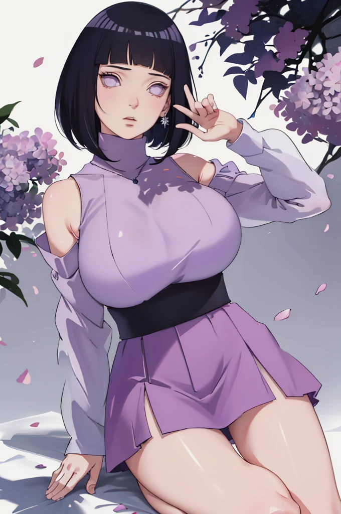 { - anatomy error} (Masterpiece - Ultra-detailed, very high resolution) (huge titusty, masterpiece, absurdres, hinata\(boruto\), 1girl, solo,mature female, lilac turtleneck blouse, high waist black short skirt, looking at viewelling petals), perfect composition, detailed lips, big breast, beautiful face, body propotion, blush, (pink lips), short hair, (black hair), purple eyes, soft gaze, super realistic, detailed, photoshoot, realistic face and body, closed mouth, dancing ligthly , lilac eyes, full body, with chin resting on shoulder, perfect fingers, inocent face